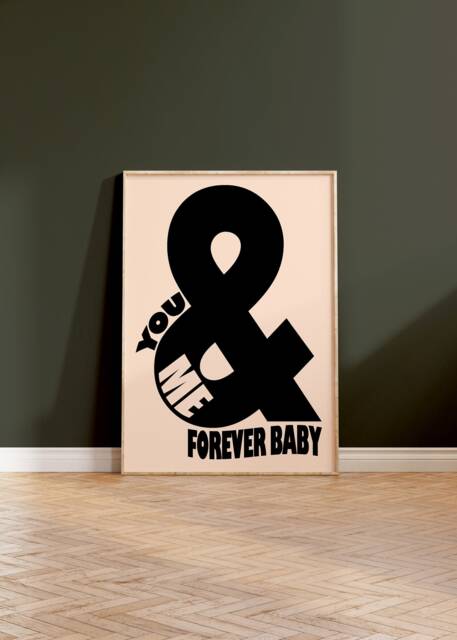 Beige & Black Typography Print - Retro You & Me Forever Baby, Modern Scandi Wall Art, Bold Living Room Bedroom Quote Poster, Funky Decor - image 1