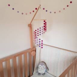 Pink & Purple Cascading Felt Ball Mobile, Bright Coloured Nursery Or Children Bedroom Decoration, With Matching Garland + Heart Decoration
