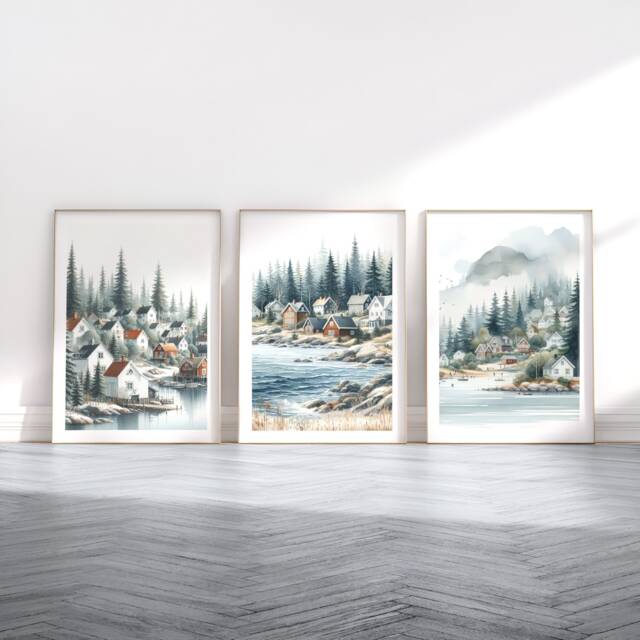 Nordic Village Print Set - 3 Watercolour Posters - Scandi Wall Art Scandanavian Design Lakeside Town Painting Scandinavian House Decor - image 1