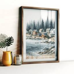 Nordic Village Print Set - 3 Watercolour Posters - Scandi Wall Art Scandanavian Design Lakeside Town Painting Scandinavian House Decor - thumbnail 3