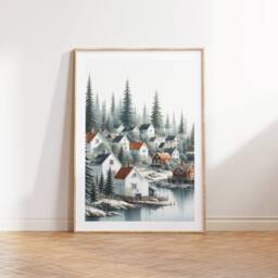 Nordic Village Print Set - 3 Watercolour Posters - Scandi Wall Art Scandanavian Design Lakeside Town Painting Scandinavian House Decor - thumbnail 2