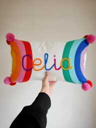Personalised Rainbow Name Cushion - Hand Embroidered Kids Nursery Decor Custom Baby Gift - thumbnail 1
