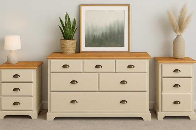 Sold - Hand-Painted Pine Bedroom Furniture Set 2 X Bedside Tables & Wide 6-Drawer Chest Frenchic Fennec Cream With Gold Cup Handle - image 1
