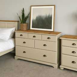Sold - Hand-Painted Pine Bedroom Furniture Set 2 X Bedside Tables & Wide 6-Drawer Chest Frenchic Fennec Cream With Gold Cup Handle - thumbnail 2