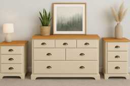 Sold - Hand-Painted Pine Bedroom Furniture Set 2 X Bedside Tables & Wide 6-Drawer Chest Frenchic Fennec Cream With Gold Cup Handle - thumbnail 1