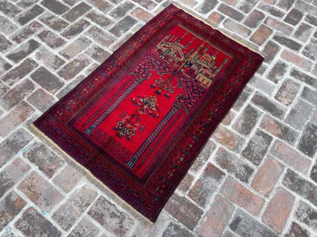 Vintage 3'2x5'0 Baluchi Prayer Rug - Plush Hand-Knotted Turkmen Woolen Carpet Oriental Islamic Mat For Home & Spiritual Interiors - image 1