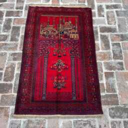 Vintage 3'2x5'0 Baluchi Prayer Rug - Plush Hand-Knotted Turkmen Woolen Carpet Oriental Islamic Mat For Home & Spiritual Interiors - thumbnail 2