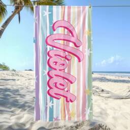 Personalized Name Rainbow Beach Towel, Oversized Custom Monogram Pool Signature Towel For Kids, Vacation Gift, Picnic - thumbnail 3