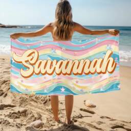 Personalized Name Rainbow Beach Towel, Oversized Custom Monogram Pool Signature Towel For Kids, Vacation Gift, Picnic - thumbnail 2