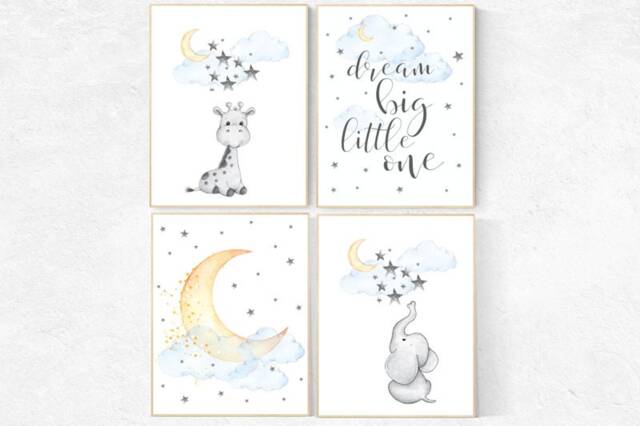 Elephant Nursery Decor Prints Giraffe, Moon, Stars Wall Art - image 1