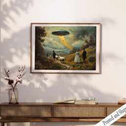 Ufo Sheep Abduction Art Print, Funny Altered Vintage Painting - thumbnail 2