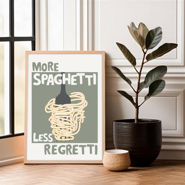 More Spaghetti Less Regretti Poster, Italian Slogan Kitchen Prints, Pasta Wall Art, Fun Prints - image 1