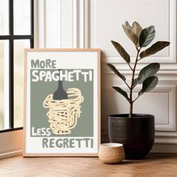 More Spaghetti Less Regretti Poster, Italian Slogan Kitchen Prints, Pasta Wall Art, Fun Prints - thumbnail 1