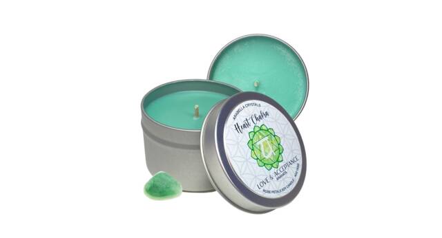 Heart Chakra Candle Tin Rose Petals Scented, Green Aventurine Crystal - image 1