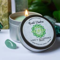 Heart Chakra Candle Tin Rose Petals Scented, Green Aventurine Crystal - thumbnail 2