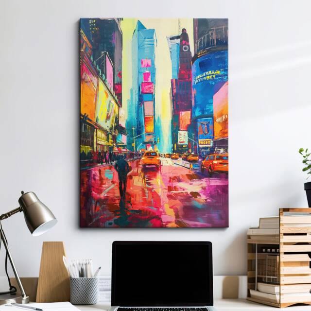 New York Skyline Times Square Abstract Modern Painting America Colorful Wall Art, Framed Canvas Poster Print, Home Office Room Decor, Gifts - image 1