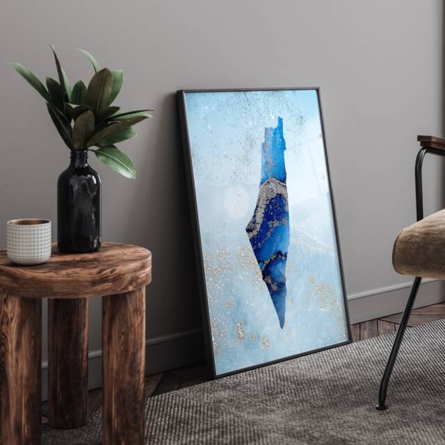 Palestine Map Shades Of Blue & Silver Wall Art Print - image 1