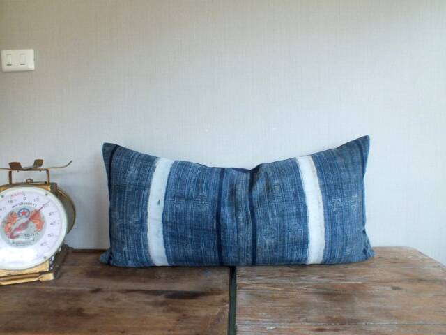 "Indigo Hmong Pillow Vintage Batik Hand-Woven Hemp, - 16"" X 32" - image 1