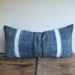 "Indigo Hmong Pillow Vintage Batik Hand-Woven Hemp, - 16"" X 32" - thumbnail 2