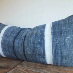 "Indigo Hmong Pillow Vintage Batik Hand-Woven Hemp, - 16"" X 32" - thumbnail 3