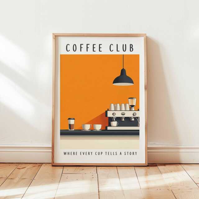 Coffee Club Espresso Machine Poster, Modern Cafe Bar Wall Art, Orange Decor Print, Minimalist Kitchen Unframed Artwork - image 1