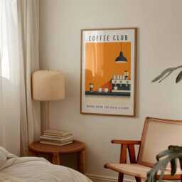 Coffee Club Espresso Machine Poster, Modern Cafe Bar Wall Art, Orange Decor Print, Minimalist Kitchen Unframed Artwork - thumbnail 2