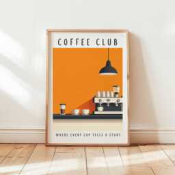 Coffee Club Espresso Machine Poster, Modern Cafe Bar Wall Art, Orange Decor Print, Minimalist Kitchen Unframed Artwork - thumbnail 1