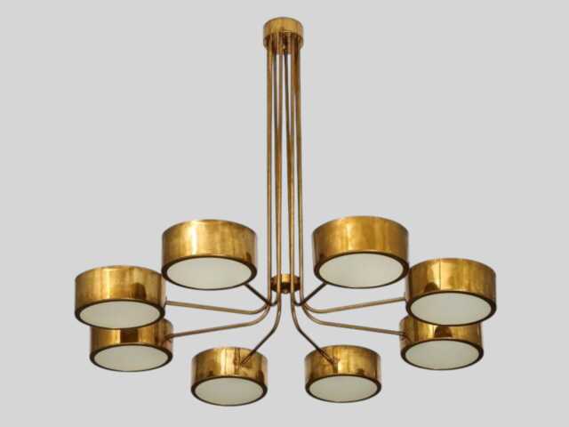 Mid Century Modern Brass Chandelier - 8-Light Drum Shade Pendant Minimalist Ceiling Fixture Retro Dining Room Statement Light - image 1