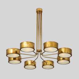 Mid Century Modern Brass Chandelier - 8-Light Drum Shade Pendant Minimalist Ceiling Fixture Retro Dining Room Statement Light - thumbnail 2