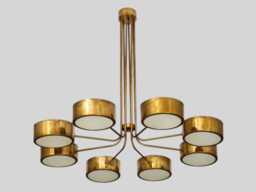Mid Century Modern Brass Chandelier - 8-Light Drum Shade Pendant Minimalist Ceiling Fixture Retro Dining Room Statement Light - thumbnail 1