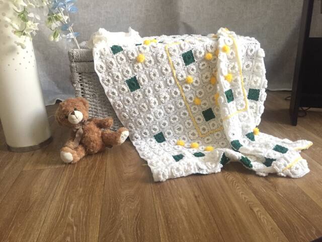Crochet Baby Blanket Yellow Pompom & Flower Square Afghan - image 1