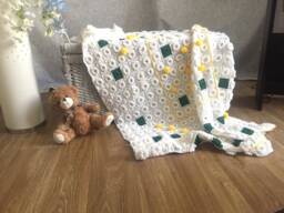 Crochet Baby Blanket Yellow Pompom & Flower Square Afghan - thumbnail 1