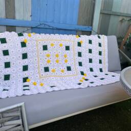 Crochet Baby Blanket Yellow Pompom & Flower Square Afghan - thumbnail 2