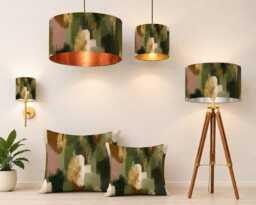 Handmade By Order Luxury Olive Dark Green Gold Abstract Paint Strock Art Velvet Drum Lamp Shade Pendant Light All Shapes - thumbnail 1