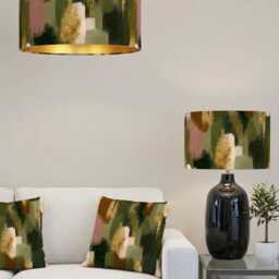 Handmade By Order Luxury Olive Dark Green Gold Abstract Paint Strock Art Velvet Drum Lamp Shade Pendant Light All Shapes - thumbnail 2