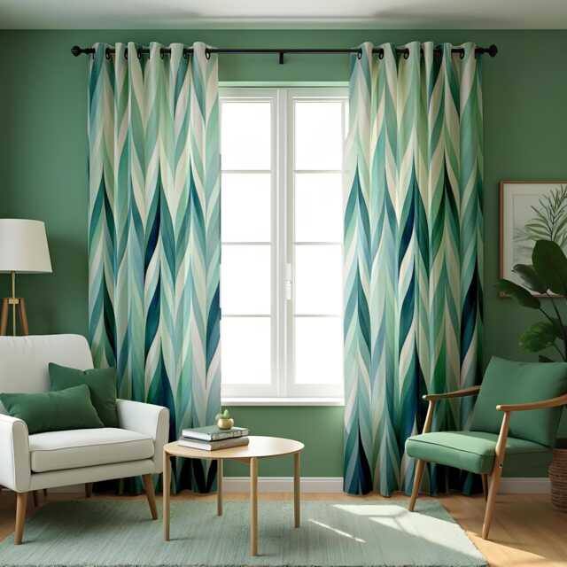 Geometric Green & Blue Curtains, Modern Abstract Pattern Drapes, Chevron Design Window Treatments, Minimalist Living Room Or Bedroom Decor - image 1