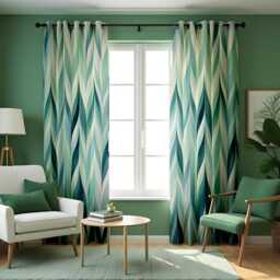 Geometric Green & Blue Curtains, Modern Abstract Pattern Drapes, Chevron Design Window Treatments, Minimalist Living Room Or Bedroom Decor - thumbnail 1