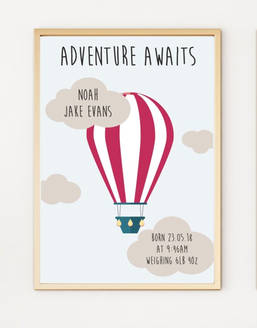 Adventure Awaits Hot Air Balloon Personalised Kids Baby Children A4 Poster Print Po91