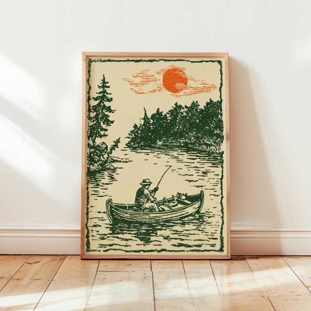 Retro Fisherman Poster - Linocut Nature Art Print Green & Orange Landscape - image 1