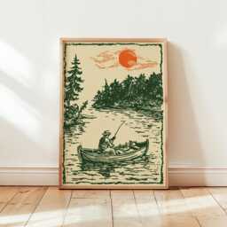 Retro Fisherman Poster - Linocut Nature Art Print Green & Orange Landscape - thumbnail 1