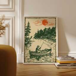 Retro Fisherman Poster - Linocut Nature Art Print Green & Orange Landscape - thumbnail 2