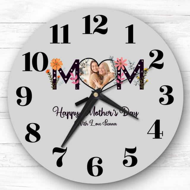 Floral Mum Heart Photo Frame Mother's Day Gift Grey Personalised Clock - image 1