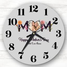 Floral Mum Heart Photo Frame Mother's Day Gift Grey Personalised Clock - thumbnail 1