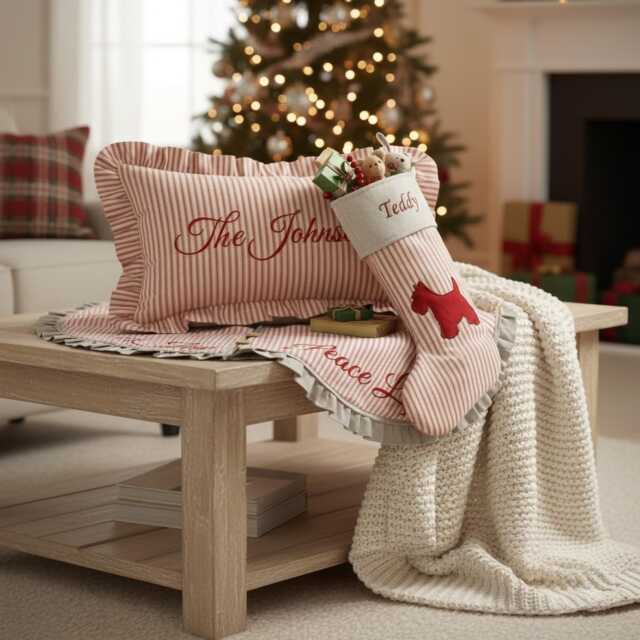Personalized Red Ticking Stripe Pillow - Embroidered Family Name, Farmhouse Christmas Decor - image 1