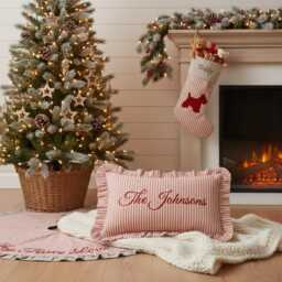 Personalized Red Ticking Stripe Pillow - Embroidered Family Name, Farmhouse Christmas Decor - thumbnail 2