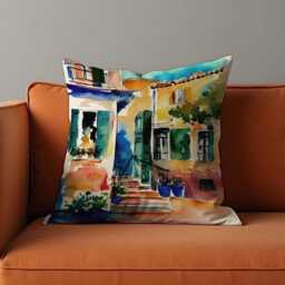 Mediterranean House Cushion Cover, Watercolor Village Scene Pillowcase, Artistic Travel Inspired Home Decor - thumbnail 2