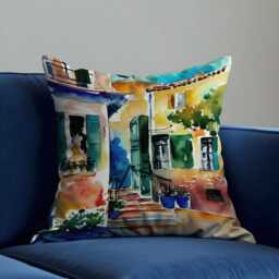 Mediterranean House Cushion Cover, Watercolor Village Scene Pillowcase, Artistic Travel Inspired Home Decor - thumbnail 3