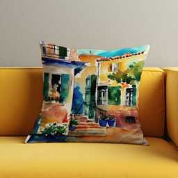 Mediterranean House Cushion Cover, Watercolor Village Scene Pillowcase, Artistic Travel Inspired Home Decor - thumbnail 1
