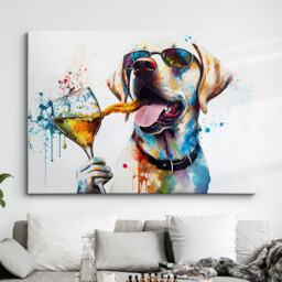 Labrador With Glasses Drinking Cocktail Pet Animal Painting Splatter Wall Art, Framed Canvas Poster Print, Home/Office Room Decor Gifts - thumbnail 1
