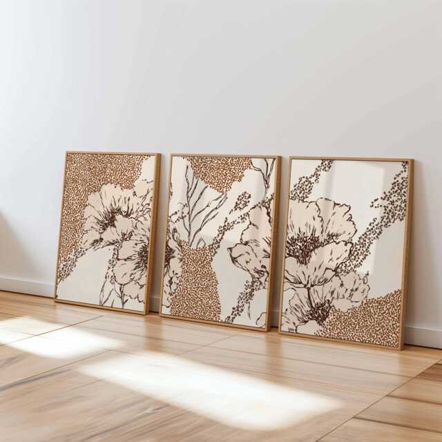 Modern Line Art Floral Wall Set Of 3, Abstract Botanical Prints in Brown & Beige, Minimal Flower Posters For Contemporary Home Decor - image 1